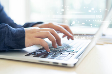 Wall Mural - close up woman hand type on keyboard laptop to use search engine optimization (seo) tools for findin