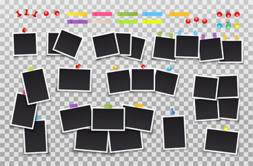 Wall Mural - Set of photo frames on sticky tape, pins and rivets. Template photo design. Vector illustration.