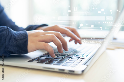 Cuadros en Lienzo close up woman hand type on keyboard laptop to use search engine optimization (S