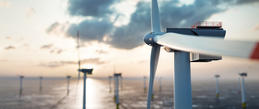 Wall Mural -  - Offshore wind power and energy farm with many wind turbines on the ocean
