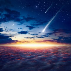 Wall Mural - amazing heavenly image with beautiful glowing sunset, shooting stars, rising crescent moon and brigh