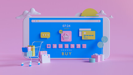 Wall Mural - shopping on-line online store on website mobile application 3d rendering.
