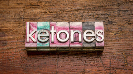 Poster - ketones word abstract in gritty vintage letterpress metal type stained by printing ink against rustic wood, keto diet concept