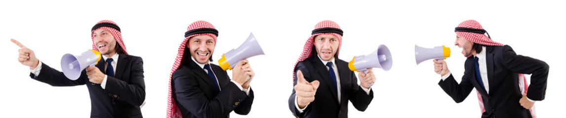 Poster - Arab yelling with loudspeaker isolated on white