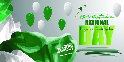 Vector illustration of Saudi Arabia national day, 23rd september, saudi arabia flag, balloons and airforce craft.