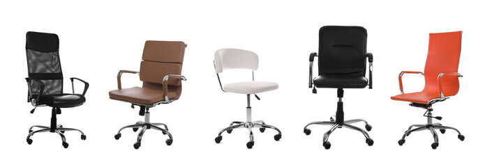 Set of different office chairs on white background. Banner design