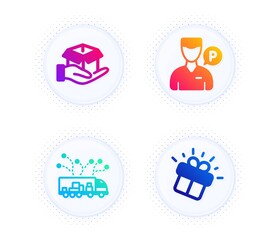 Poster - valet servant, hold box and truck delivery icons simple set. button with halftone dots. gift sign. p