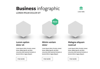 Minimal business infographic layout with hexagon shapes and vector shadows, 3 options corporate template for web