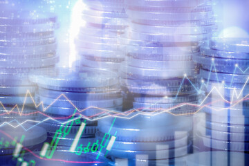 Wall Mural - Financial investment concept, Forex trading candlestick chart, Cryptocurrency Digital economy, Double exposure of city night and stack of coins for finance investor, background for invest. business.