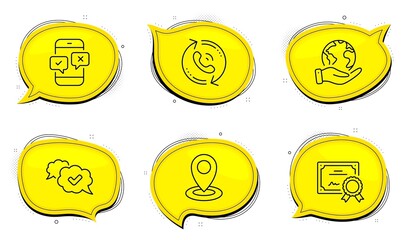 Poster - Location sign. Diploma certificate, save planet chat bubbles. Call center, Phone survey and Approved line icons set. Recall, Mobile quiz test, Comic message. Map pointer. Business set. Vector