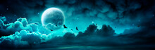 Halloween Night - Spooky Moon In Cloudy Sky With Bats
