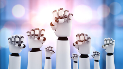 Poster - robot humanoid hands up to celebrate success achieved by using ai artificial intelligence thinking a
