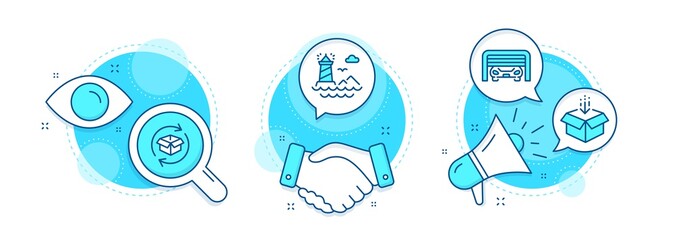 Poster - Return parcel, Lighthouse and Get box line icons set. Handshake deal, research and promotion complex icons. Parking garage sign. Exchange of goods, Navigation beacon, Send package. Vector