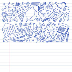 back to school vector doodle set. supplies for sport, art, reading, science, geography, biology, phy