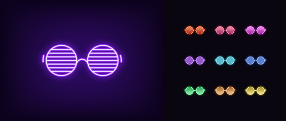  Neon men glasses icon. Glowing neon sunglasses with round shapes, vivid eyewear