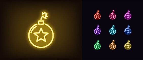 Wall Mural - Neon bomb icon. Glowing neon bomb sign with star, explosive rating