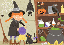 Vector Witch Nook Interior Illustration. Halloween Background With Black Cat, Bat, Spider. Spooky Scene With Scary Animals, Potion Ingredients. Scary Samhain Party Invitation Or Card Design. .