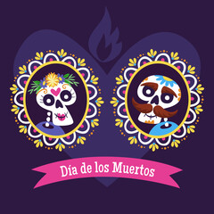 Wall Mural - Day of the Dead (Día de los Muertos) card. Cartoon Mexican skull couple portrait into a decorative frame. Cute vector Illustration.