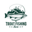 Vector fishing logo with trout fish, fishing rod, line, hook, and mountains. Fishing tournament, tour, and camp illustrations