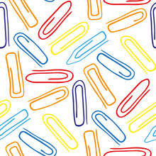 Bright Multicolored Paper Clips Isolated On White Background. Cute Colorful Seamless Pattern. Vector Graphic Hand Drawn Illustration. Texture.