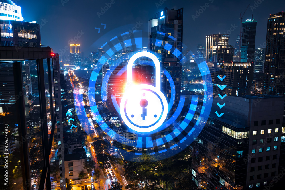 Glowing Padlock hologram, night panoramic city view of Bangkok, Asia. The concept of cyber security to protect companies. Double exposure. - obrazy, fototapety, plakaty 