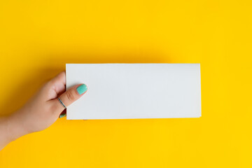 Wall Mural - White mockup paper brochure in a woman's hand.