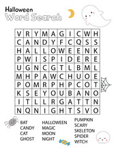 Halloween Word Search Crossword Puzzle For Children. Educational Activity Worksheet. Practice English Language Vocabulary. Funny Kawaii Ghost, Skull And Spider.