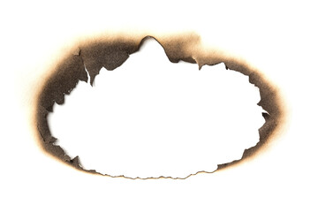 Fire burned hole white paper background texture. Paper burn mark stain