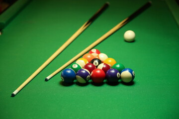 Wall Mural - pool balls and cues are on billiard table