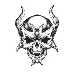 Wall Mural - Horned Devil Skull. Hand Drawn Vector Illustration