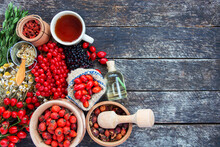 Rose Hips,chamomile,dog-rose Oil  Sea Buckthorn And Goji Berries. Viburnum Branch Medicinal Plants And Herbs Composition	