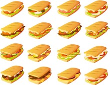 Vector Illustration Of Various Sub Sandwich And Panini Bread With Meat, Eggs Shrimp And Vegetables.