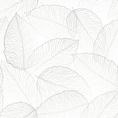 seamless white  abstract  floral background with grey  leaves. Thin lines are drawn with a pencil