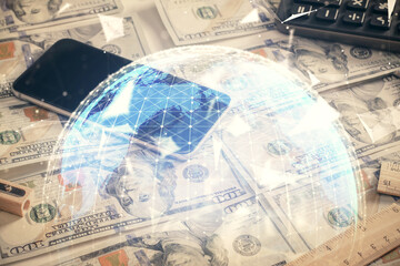 Multi exposure of business theme drawing over us dollars bill background. Concept of financial success.