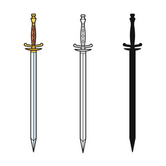 Wall Mural - Set of knight swords isolated on white background. Swords in flat style and silhouettes. Vector illustration.