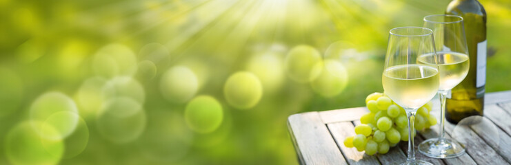 Glass of white wine with bottle on wooden table in beautiful garden -  Banner, panorama, background