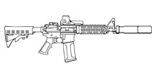 American M4 Assault Rifle With Reflector Sight And Silencer. Vector Outline Illustration