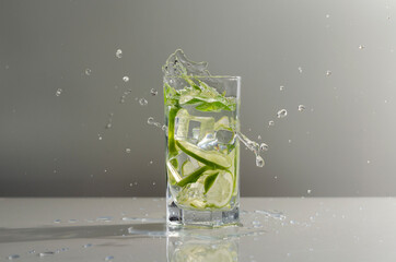 Wall Mural - Mojito cocktail with lime and mint in tall glass. Fresh mojito in glass on a gray background.