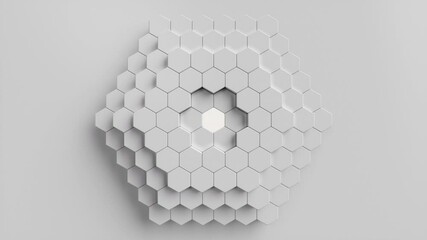 Poster - animation of white geometric hexagon abstract background. polygon surface with luminous hexagon in t