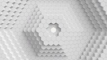Animation Abstract White Hexagons Moving Up, Down. Polygon Surface With Luminous Hexagon In The Center, Hexagonal Honeycomb. Futuristic Abstract Background For Business Presentation. Looped 4k UHD