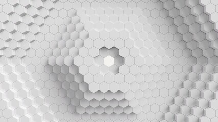 Poster - Animation abstract white hexagons moving up, down. Polygon surface with luminous hexagon in the center, hexagonal honeycomb. Futuristic abstract background for business presentation. Looped 4k UHD