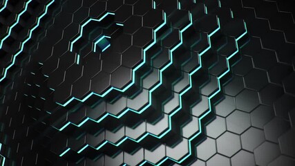 Poster - Animation abstract futuristic hexagons moving up, down. Polygon surface with luminous hexagon in the center, hexagonal honeycomb. Sci-fi technology background for business presentation. Looped 4k