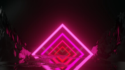 Poster - 3d rendering with neon lights square shape on stone  texture abstract background