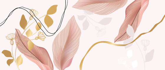 Wall Mural - Floral seamless pastel pink and golden metallic plant background vector for house deco
