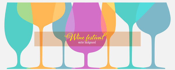 Wall Mural - Set of different wine glasses for festival. Outline colored wine glasses. Banner with contour of glasses. Silhouettes in overprint style. Vector template