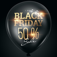 Wall Mural - Black friday sale, dark glossy balloon with the inscription discount and hot sale on a dark background, golden confetti. Black friday banner. 3D illustration, 3D render, copy space.