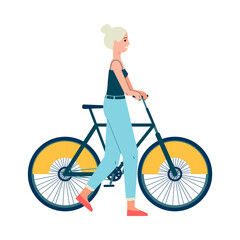 Wall Mural - Woman or girl cartoon character with bicycle flat vector illustration isolated.