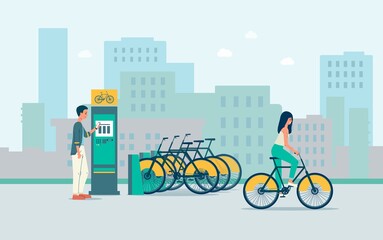 Vector flat illustration of a public city Bicycle rental service.