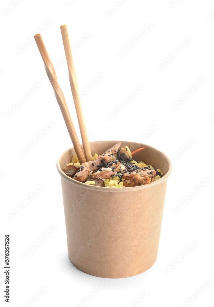 Box with tasty fried rice on white background