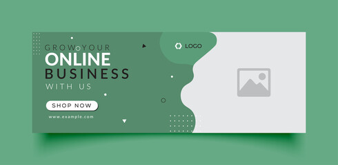 Online Business facebook cover page timeline web ad banner template with photo place modern layout dark green background